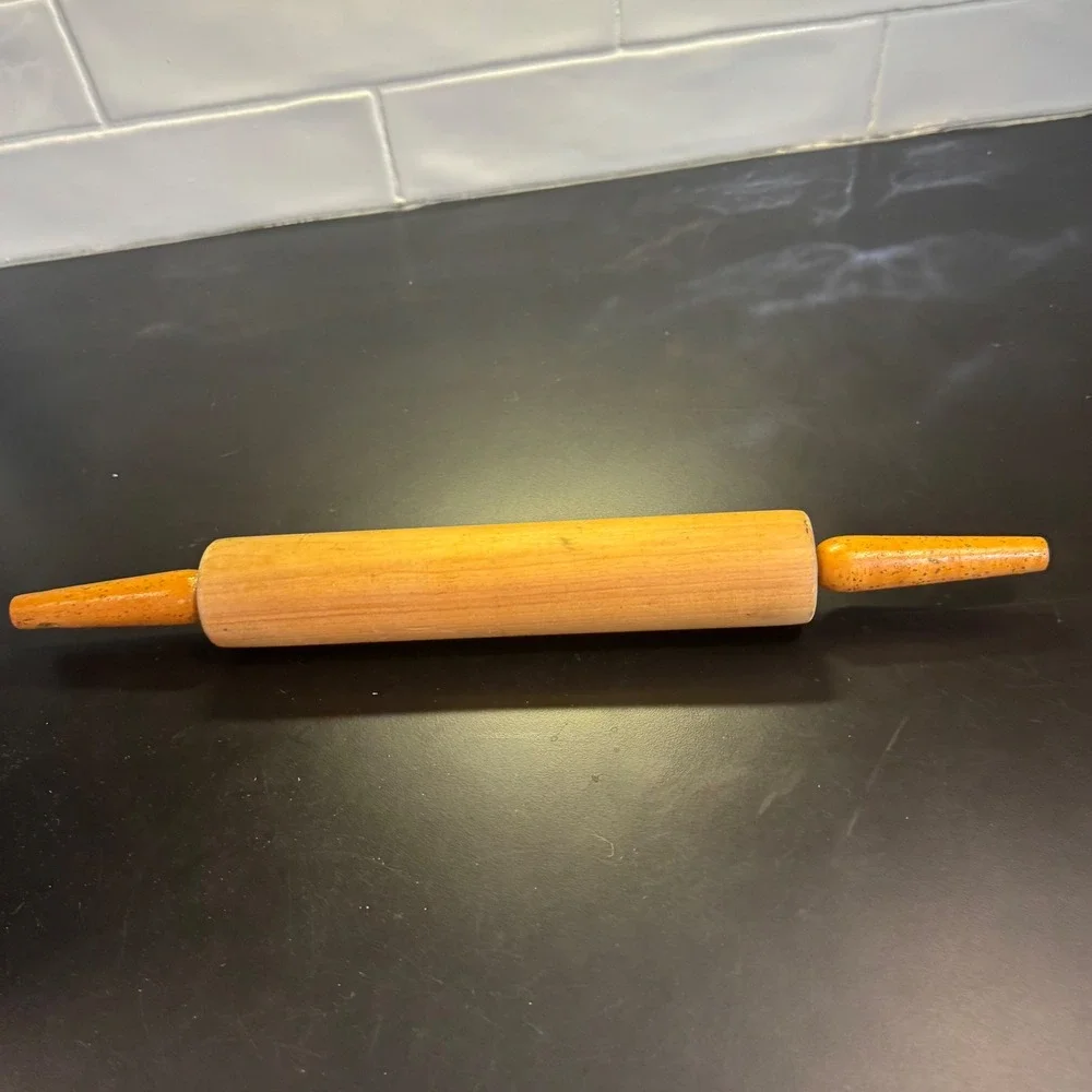 Vintage Rolling Pin Kitchen Tool Tan Orange Wood Farmhouse Rustic Decor 17in